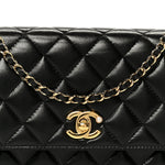 Shiny Lambskin Quilted CC Pearl Wallet on Chain WOC Black