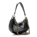 Mesh Shiny Lambskin Chain Hobo Black