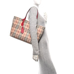 Grainy Calfskin Haymarket Check Medium Reversible Tote Red