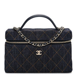 Denim Quilted Top Handle Slim Vanity Case With Chain Dark Blue Orange