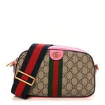 GG Supreme Monogram Textured Dollar Calfskin Web Ophidia Small Crossbody Bag Beige Ebony Fuchsia