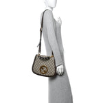 GG Supreme Monogram Textured Dollar Calfskin Web Medium Blondie Top Handle Shoulder Flap Bag Beige Ebony New Acero