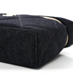 Denim Quilted Top Handle Slim Vanity Case With Chain Dark Blue