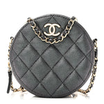 Iridescent Caviar Quilted Round Clutch With Chain Black