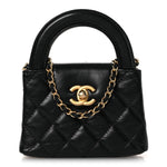 Shiny Aged Calfskin Quilted Mini Nano Kelly Shopper Black