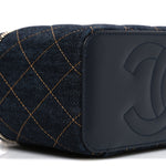 Denim Quilted Vanity Case With Chain Dark Blue Orange