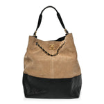 Suede Shiny Lambskin Quilted Large Shopping Bag Beige Black