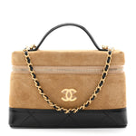 Suede Calfskin Shiny Lambskin Quilted Top Handle Slim Vanity Case With Chain Beige Black