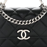 Caviar Quilted Enamel Top Handle Flap Clutch With Chain Black