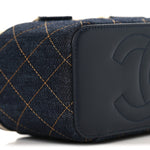 Denim Quilted Vanity Case With Chain Dark Blue