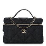 Denim Quilted Top Handle Slim Vanity Case With Chain Dark Blue