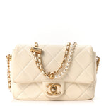 Shiny Lambskin Quilted Pearl Twist Mini Square Flap White