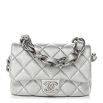 Metallic Lambskin Lacquered Quilted Small Flap Silver