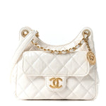 Shiny Crumpled Calfskin Quilted Small Wavy CC Hobo White