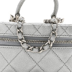 Metallic Caviar Quilted Mini Top Handle Vanity With Chain Silver