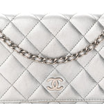 Metallic Lambskin Quilted Wallet On Chain WOC Silver