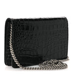Shiny Calfskin Logo Crocodile Embossed Ville Wallet on Chain Black