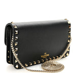 Pebbled Calfskin Rockstud Flap Wallet On Chain Black