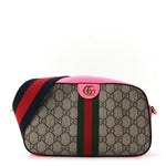 GG Supreme Monogram Textured Dollar Calfskin Web Ophidia Small Crossbody Bag Beige Ebony Fuchsia