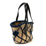 Embroidered Raffia Basket Tote Bag Natural Black Blue