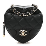 Lambskin Quilted CC In Love Heart Waist Belt Bag With Chain Black