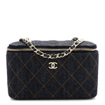 Denim Quilted Vanity Case With Chain Dark Blue