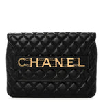 Calfskin Quilted Front Logo Enchained Clutch Black