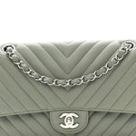 Caviar Chevron Quilted Medium Double Flap  Green