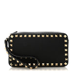 Pebbled Calfskin Rockstud Wristlet Zip Pouch Black