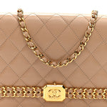 Shiny Aged Calfskin Quilted Clutch With Chain Dark Beige
