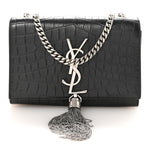 Calfskin Crocodile Embossed Small Classic Monogram Kate Tassel Satchel Black
