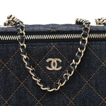 Denim Quilted Vanity Case With Chain Dark Blue
