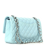 Lambskin Quilted Medium Double Flap Light Blue