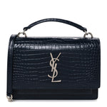 Calfskin Crocodile Embossed Monogram Sunset Chain Wallet New Cobalt