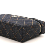 Denim Quilted Top Handle Slim Vanity Case With Chain Dark Blue Orange
