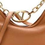 Grainy Calfskin Small Vlogo Moon Hobo Bag Saddle Brown