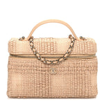 Braided Raffia Quilted Top Handle Slim Vanity Case With Chain Beige