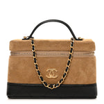 Suede Calfskin Shiny Lambskin Quilted Top Handle Slim Vanity Case With Chain Beige Black