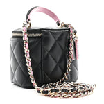 Lambskin Quilted Top Handle Mini Vanity Case With Chain Black Pink