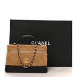 Suede Calfskin Shiny Lambskin Quilted Top Handle Slim Vanity Case With Chain Beige Black