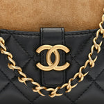 Suede Shiny Lambskin Quilted Phone Holder With Chain Black Beige