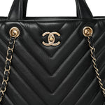 Calfskin Chevron Quilted Statement Shopping Tote Black