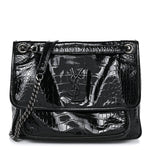 Patent Crocodile Embossed Lambskin Monogram Medium Niki Chain Satchel Black