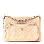 Shiny Crumpled Lambskin Quilted Small Preppy Pocket Clutch With Chain Beige
