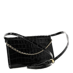 Calfskin Crocodile Embossed Envelope Clutch With Strap Black