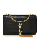 Calfskin Crocodile Embossed Medium Classic Monogram Kate Tassel Satchel Black