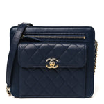 Lambskin Quilted Square Front Pocket Clutch With Chain Navy Blue
