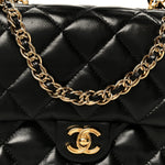 Shiny Lambskin Quilted Golden Links Top Handle Flap Black