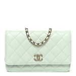 Lambskin Quilted Textured CC Wallet On Chain WOC Light Green