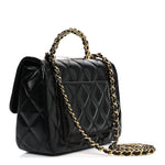 Shiny Lambskin Quilted Twisted Links Top Handle Flap Black